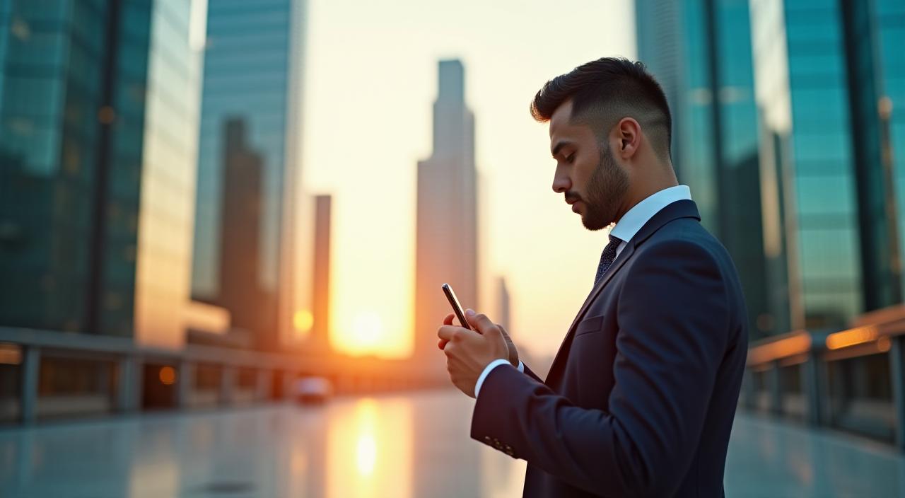 شخص يستخدم الهاتف المحمول في شوارع المنامة الحديثة